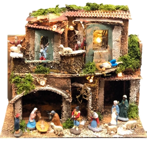 Presepe in sughero con pastori e luci 15 cm