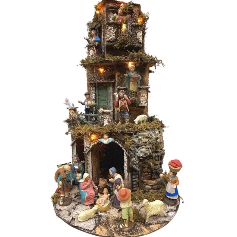 Presepe in sughero con pastori, luci e fontana 45 cm