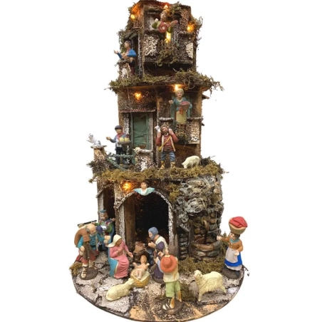 Presepe in sughero con pastori, luci e fontana 45 cm