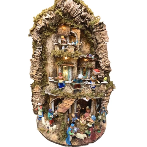 Presepe in sughero con pastori e luci 50 cm