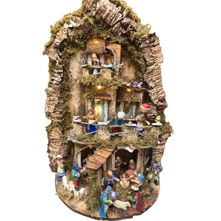 Presepe in sughero con pastori e luci 50 cm