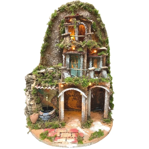 Presepe napoletano in sughero con luci e fontana 45 cm
