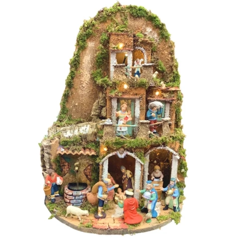 Presepe in sughero con pastori e luci 45 cm
