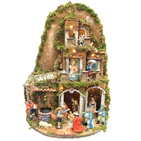 Presepe in sughero con pastori e luci 45 cm
