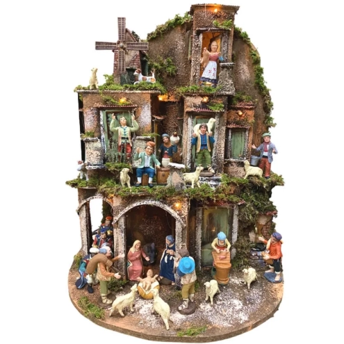 Presepe completo di luci, fontana, mulino pastori 60 cm
