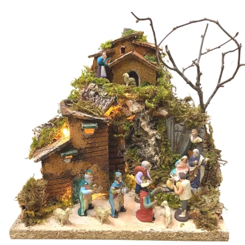 Presepe artigianale 17 cm con luci e pastori in terracotta 2 cm