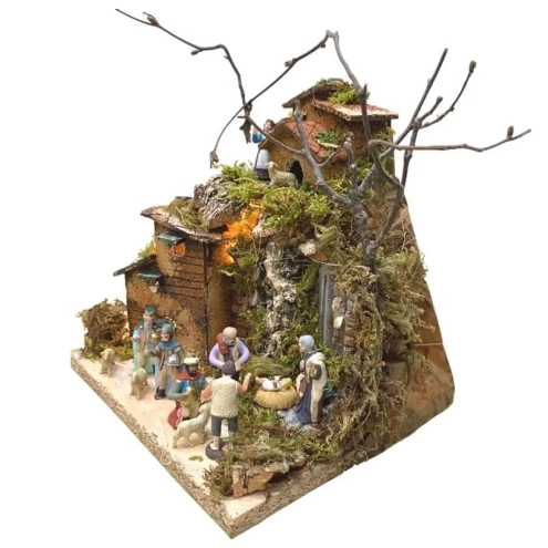 Presepe artigianale 17 cm con luci e pastori in terracotta 2 cm
