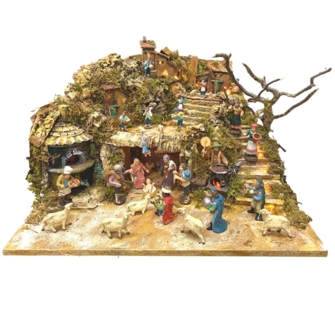 Presepe completo di pastori, forno e pastore in movimento 35 cm