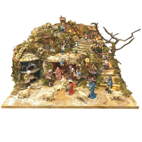 Presepe completo di pastori, forno e pastore in movimento 35 cm