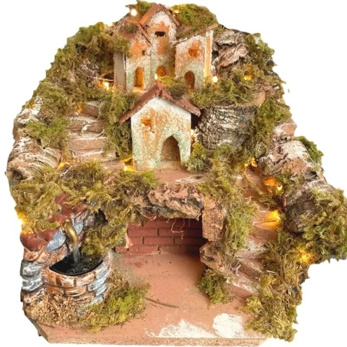 Presepe completo di luci e fontana in terracotta 27 cm
