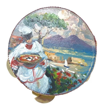 Tamburello in vera pelle con dipinto di Pulcinella 13 cm