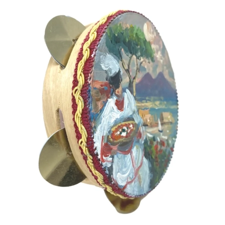 Tamburello in vera pelle con dipinto di Pulcinella 13 cm