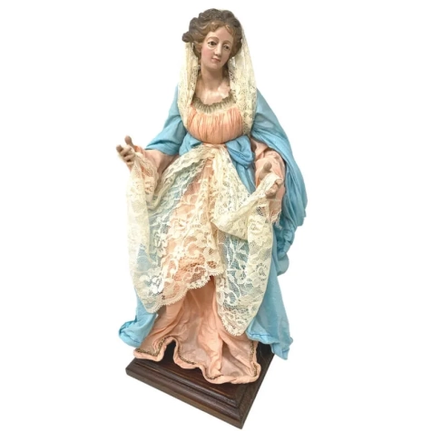 Madonna con occhi in vetro e vestiti in stoffa san leucio 35 cm