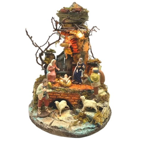 Tempio presepe stile 700 completo di pastori e luci 38 cm