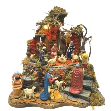Tempio presepe stile 700 completo di pastori e luci 38 cm