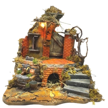 Tempio presepe stile 700 completo di pastori e luci 38 cm