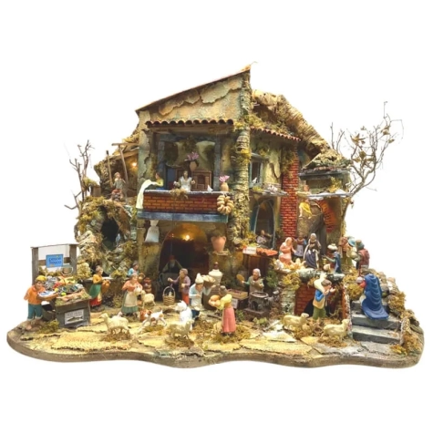 Presepe in movimento completo di pastori, cascata e luci 65 cm