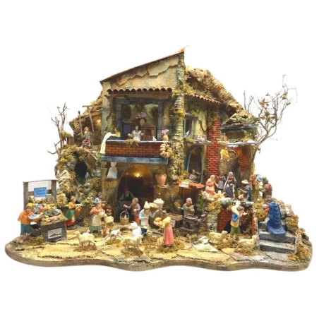 Presepe in movimento completo di pastori, cascata e luci 65 cm