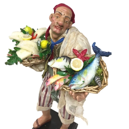 Pescivendolo con occhi in vetro e vestiti in stoffa san leucio 35 cm