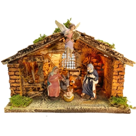 Capanna presepe da 20 cm completa di luci, forno e pastori 10 cm