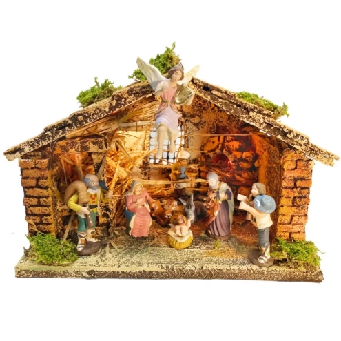 Capanna presepe da 20 cm completa di luci, forno e pastori 7 cm