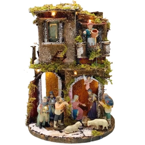 Presepe in sughero con pastori e luci 35 cm