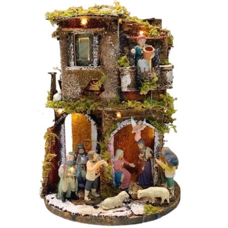 Presepe in sughero con pastori e luci 35 cm