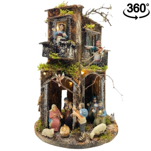 Presepe da 40 cm a 360 gradi completo di pastori e luci