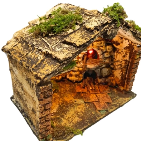 Capanna presepe in sughero con luce e forno 18 cm