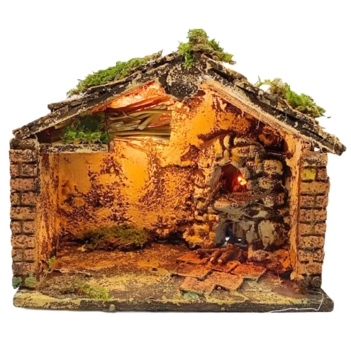 Capanna presepe da 18 cm completa di luci, forno e pastori 7 cm