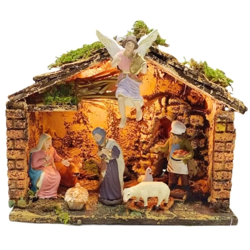 Capanna presepe da 18 cm completa di luci, forno e pastori 7 cm