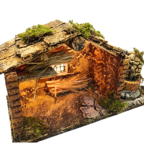 Capanna presepe in sughero con luce e fontana 18 cm