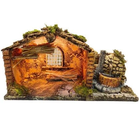 Capanna presepe da 18 cm completa di luci, fontana e pastori 7 cm