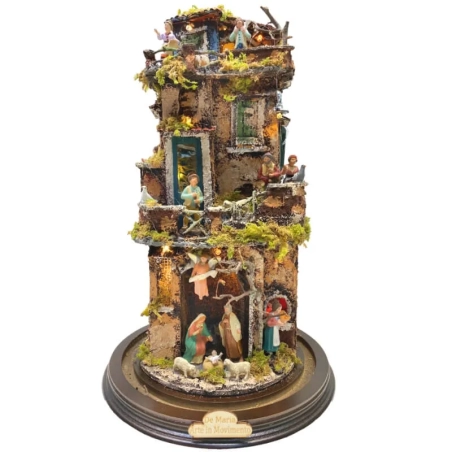 Presepe in campana 40 cm 360 gradi con luci e pastori 6 cm stile 700