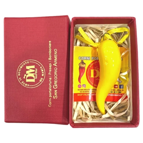 Corno in ceramica giallo in scatola da regalo 7 cm