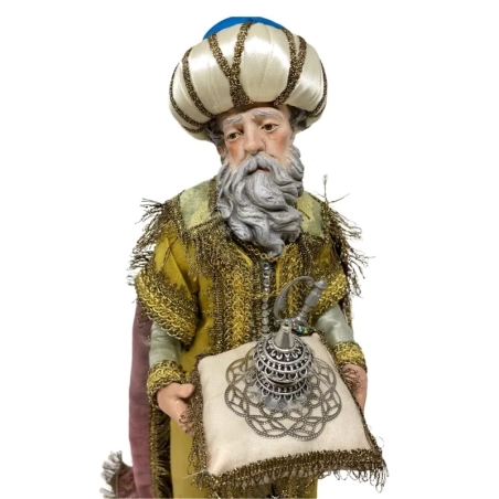 Tris di Re Magi occhi in vetro e vestiti in stoffa san leucio 35 cm
