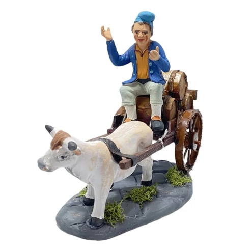 Statuina con mucca al carretto che trasporta vino 10 cm