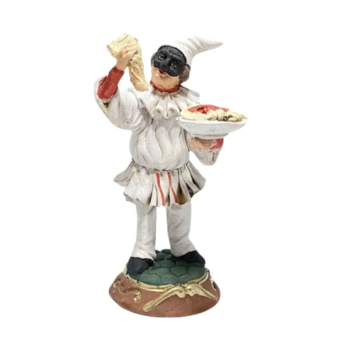 Pulcinella in terracotta con piatto di spaghetti 12 cm