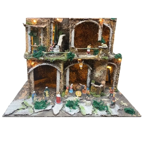 Presepe artigianale con pastori e luci 27 cm