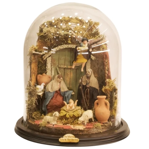 Campana da 30 cm con pastori in terracotta vestiti in stoffa da 12 cm