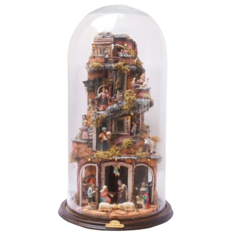Presepe in campana 70 cm con luci, pastori e forno
