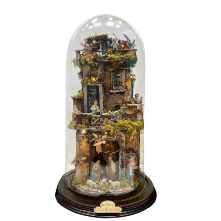 Presepe in campana 40 cm 360 gradi con luci e pastori 6 cm stile 700