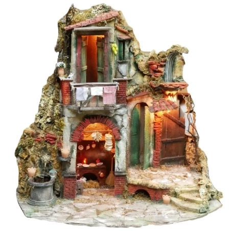 Presepe stile 700 con luci,cucina e fontana 90 cm