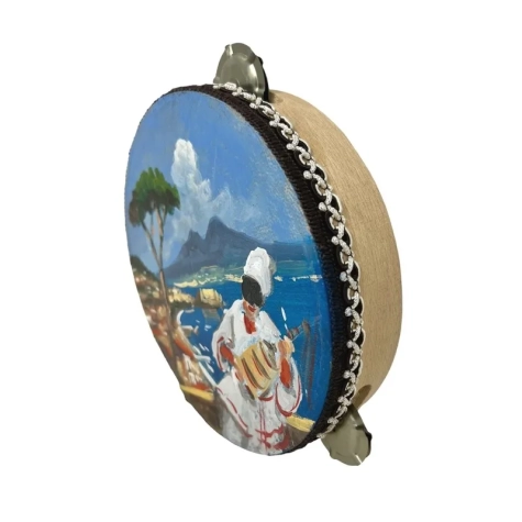 Tamburello in vera pelle con dipinto di Pulcinella o veduta di Napoli 15 cm 2