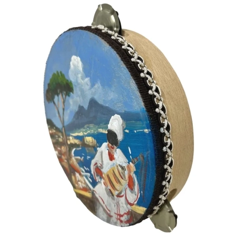 Tamburello in vera pelle con dipinto di Pulcinella o veduta di Napoli 20 cm 2