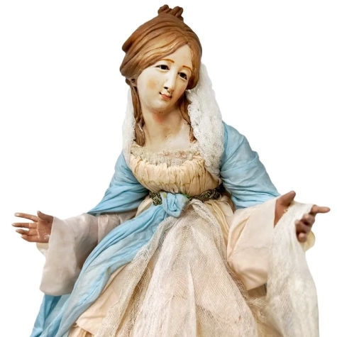 Madonna con occhi in vetro e vestiti in stoffa e arti in legno 35 cm 2