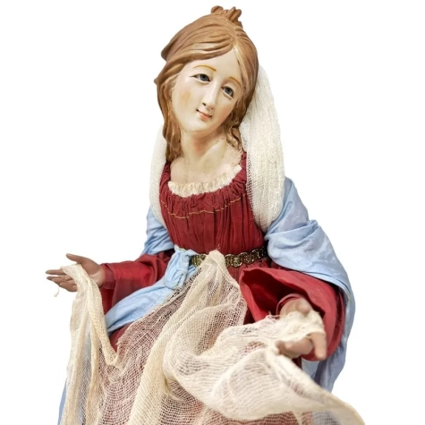 Madonna con occhi in vetro, vestiti in stoffa e arti in legno 35 cm 2