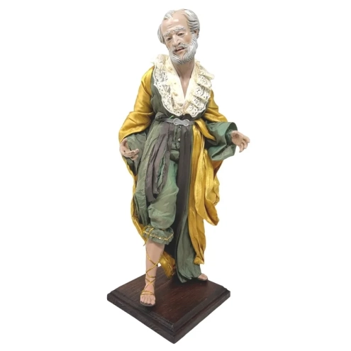 San Giuseppe con occhi in vetro, vestiti in stoffa e arti in legno 35 cm