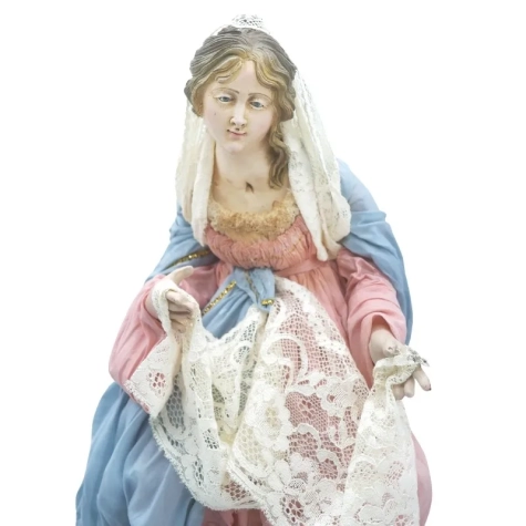 Madonna antica con occhi in vetro e vestiti in stoffa san leucio 35 cm 2
