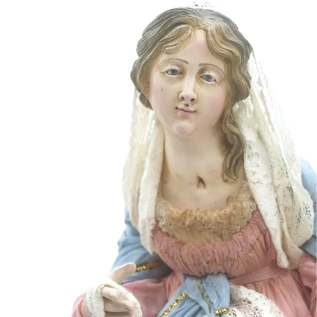 Madonna antica con occhi in vetro e vestiti in stoffa san leucio 35 cm